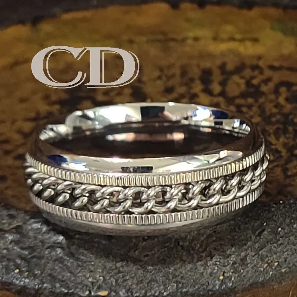 Men's Chain Spinner Wedding Ring Band - Anxiety Ring For Guys - Fidget Ring